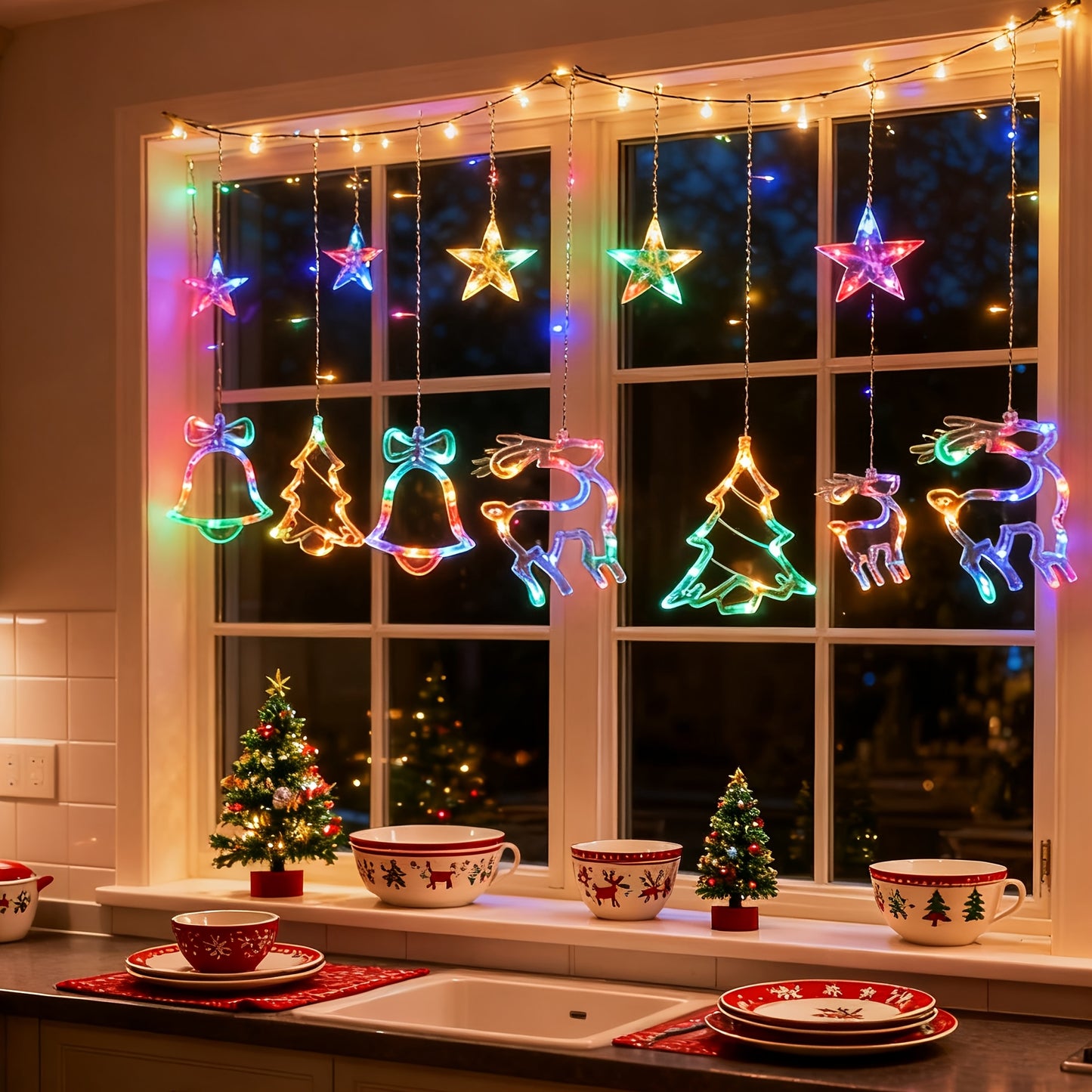 Christmas Decoration Icicle Curtain Lights, Window Wall Hanging String Light, USB Plug in Bell/Reindeer Fairy Lamp, Halloween/Ramadan Decor for Bedroom Living Room Backdrop Wedding Party Indoor Xmas Tree Dorm Fall Home Decor