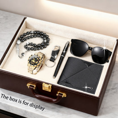 6pcs New Popular Large Dial Watches + Prayer Beads + Keychain And Pen + Stylish Travel Glasses + Business Wallet, Making You Vibrant in Life, Suitable for Various Occasions Such As Valentine'S Day, Dates, Christmas, Halloween