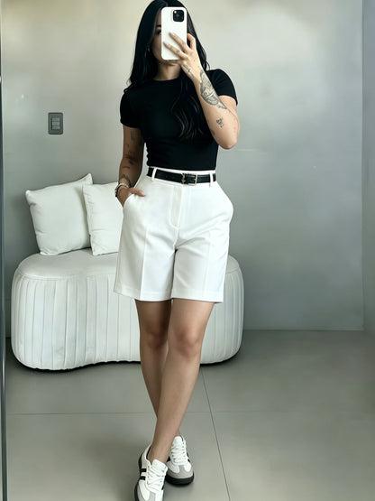 Women's Elegant High-Waist Office Shorts with Button Front