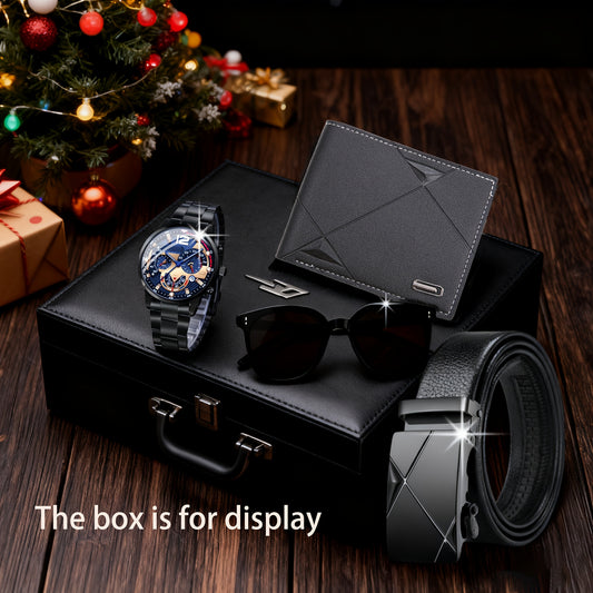 4pcs Men'S Practical Set, Including a Business Quartz Watch, a Business Belt, a Business Wallet, And Stylish Glasses - The All-Black Series Highlights a Business Demeanor, Representing Men in Business, High-End And Classy