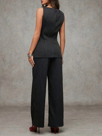 Women'S Elegant Two-Piece Office Set - Sleeveless Top with Button Details & Wide-Leg Pants, Black & White Striped, Perfect for Summer & Autumn, Office Attire|Sleeveless Top|Button Detailin