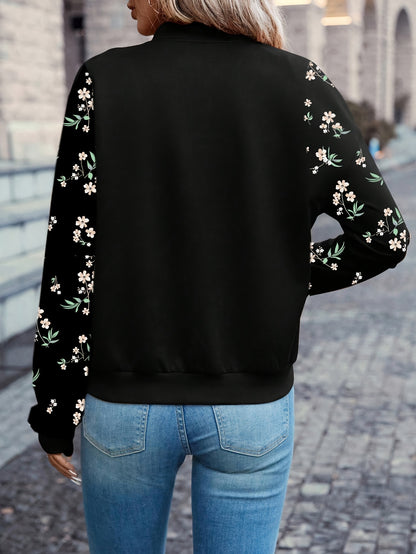 Women's Elegant Black Floral Print Full-Zip Jacket with Puffed Sleeve & Stand Collar - Full-Length Coat for Fall, Office, Shopping, Casual Outfits - Machine Washable Structured Outerwear with Full-Length Zipper Closure & Ruff