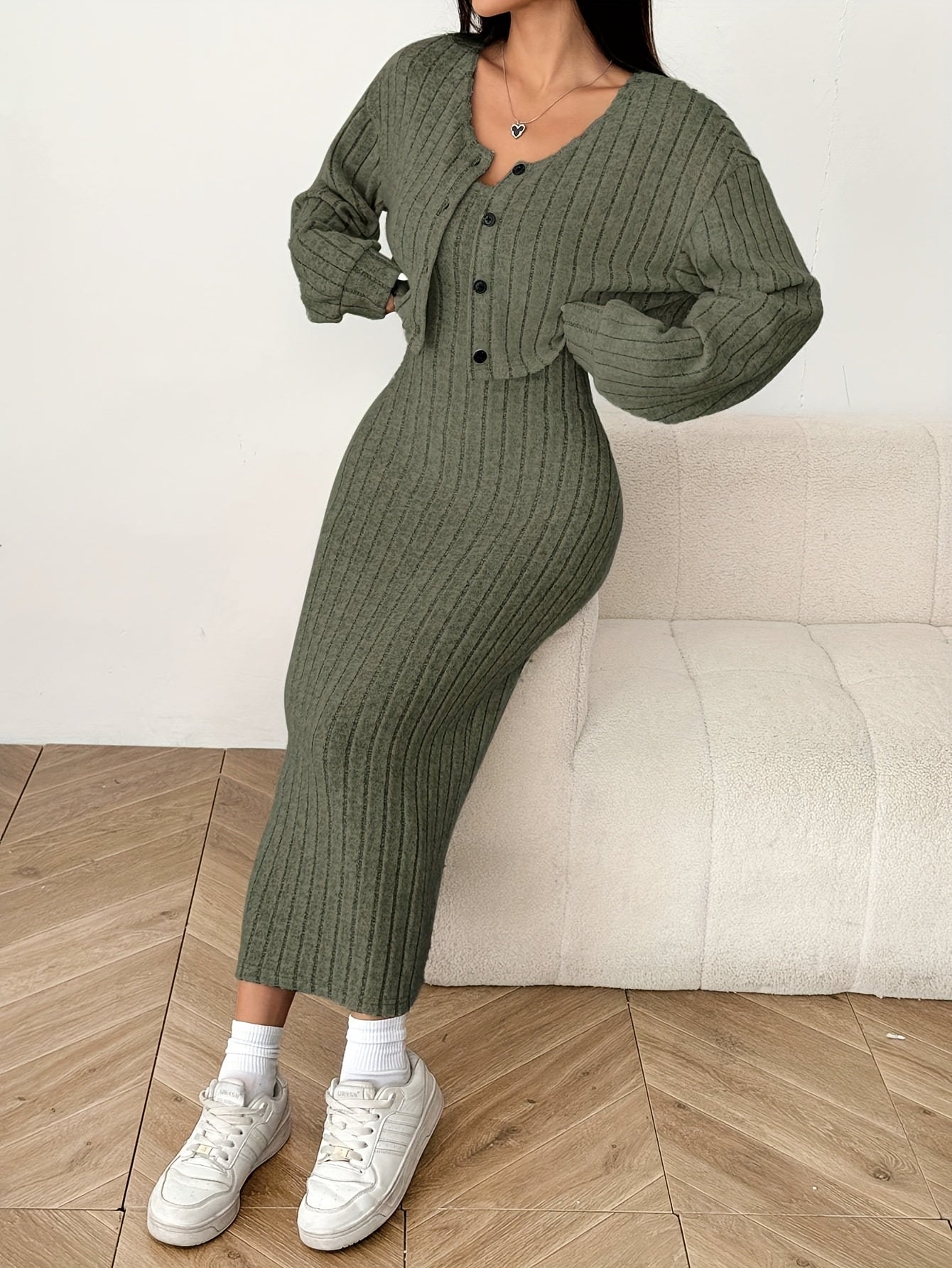 Women'S Autumn And Winter Outfit Featuring a Long-Sleeve Top with a Coat And a Camisole Dress in a Two-Piece Set.