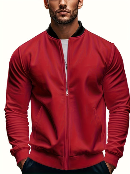 Men's Lightweight Stand Collar Jacket - Olive Green Softshell Zipper Jacket with Pockets, Regular Fit for Spring/Fall Hiking & Casual Outdoor Wear, Hiking Accessories