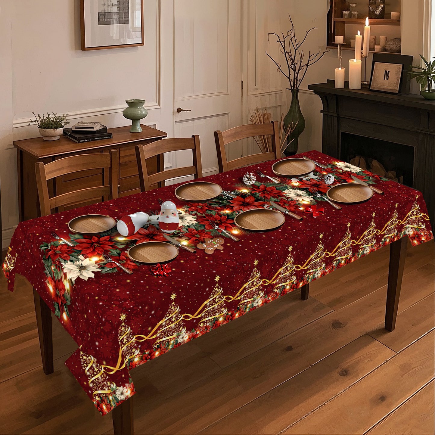 1pc Burgundy & Golden Christmas Tablecloth with Poinsettia, Holly, Pine Garland & Snowflake Patterns - Red/Green/Golden Rectangular Table Cover for Holiday Parties, Xmas Dinner, Thanksgiving, New Year's Decorations (Easy-Clea