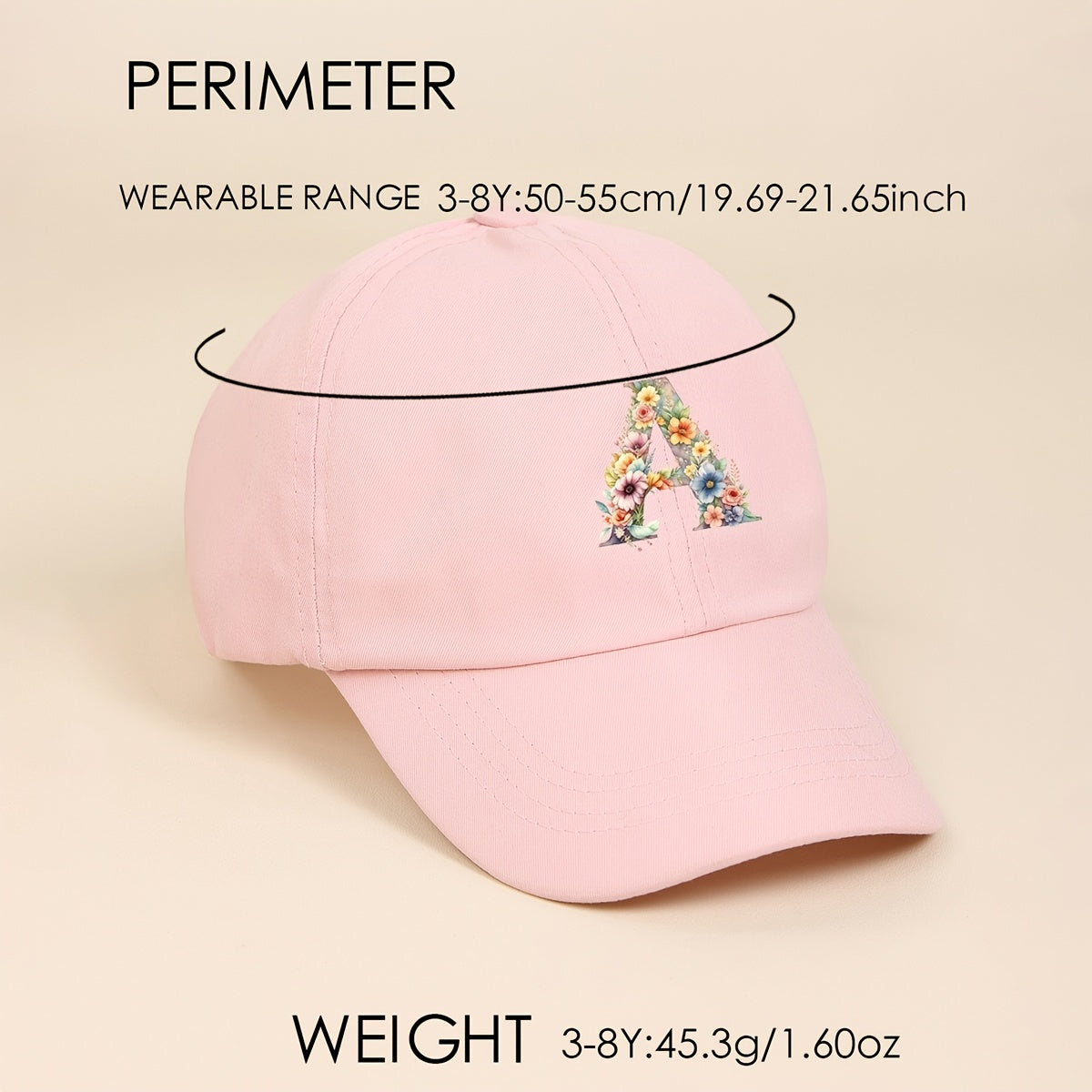 Adjustable Pink Baseball Cap for Kids with Floral Alphabet Design