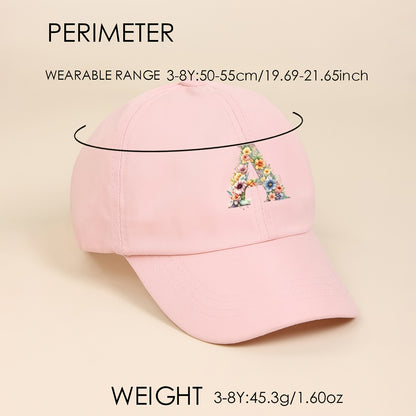 Adjustable Pink Baseball Cap for Kids with Floral Alphabet Design