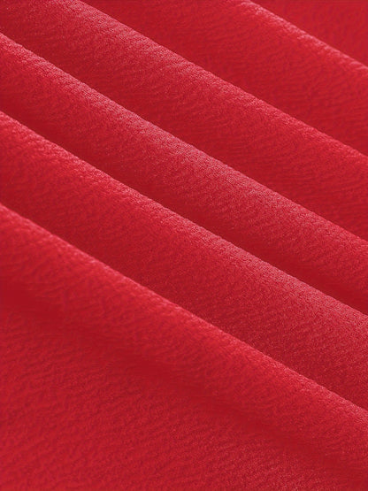 Women's Elegant Red & White Trim A-Line Dress - Sleeve Round Neck Flared Skirt, Machine Washable Autumn Casual & Holiday Party Wear, Nontransparent Fabric