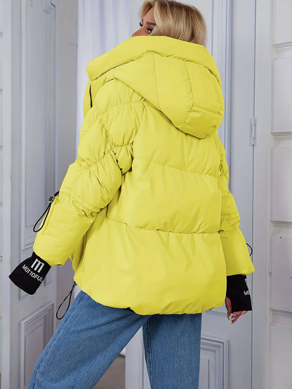 Women's Stylish Beige Puffer Jacket - Casual Warm Winter Coat with Black Trim, Long Sleeves & Zippered Hood, Polyester Fabric for Outdoor Comfort