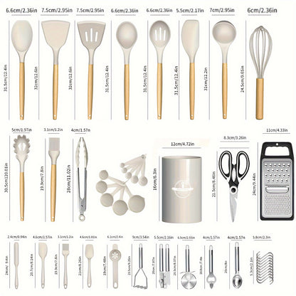 44pcs Set of Wooden Handle Silicone Non-stick Cookware Wooden Handle Cooking Spatula Spoon Stainless Steel Grater Bottle Opener Kitchen Cooking Tool Set