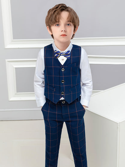 Boys' Plaid Vest & Pants Set with Bow Tie for Spring Fall