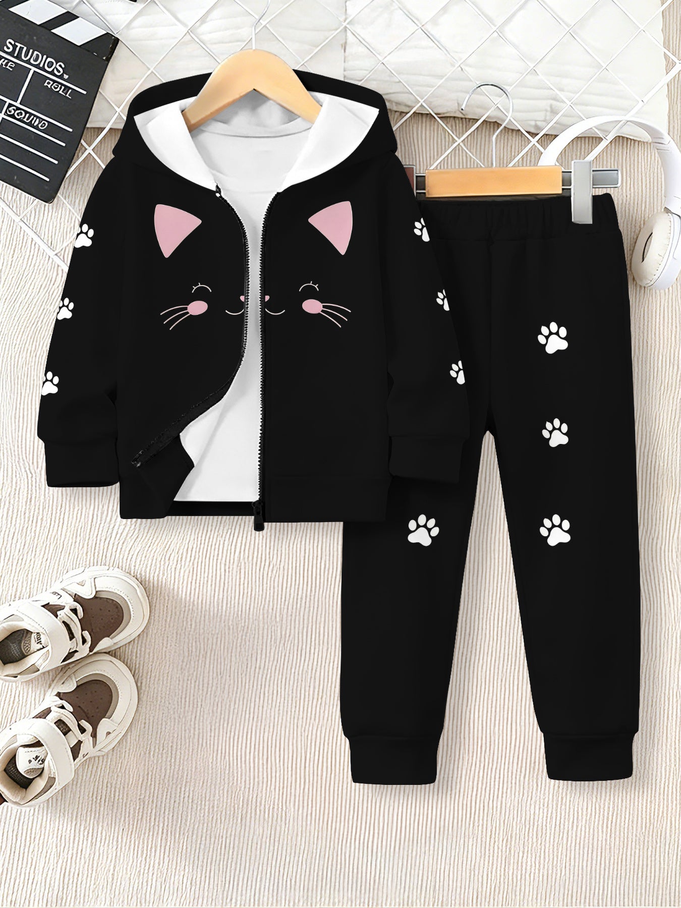 Girls' Casual Zip-Up Hoodie & Sweatpants Set with 3D Print
