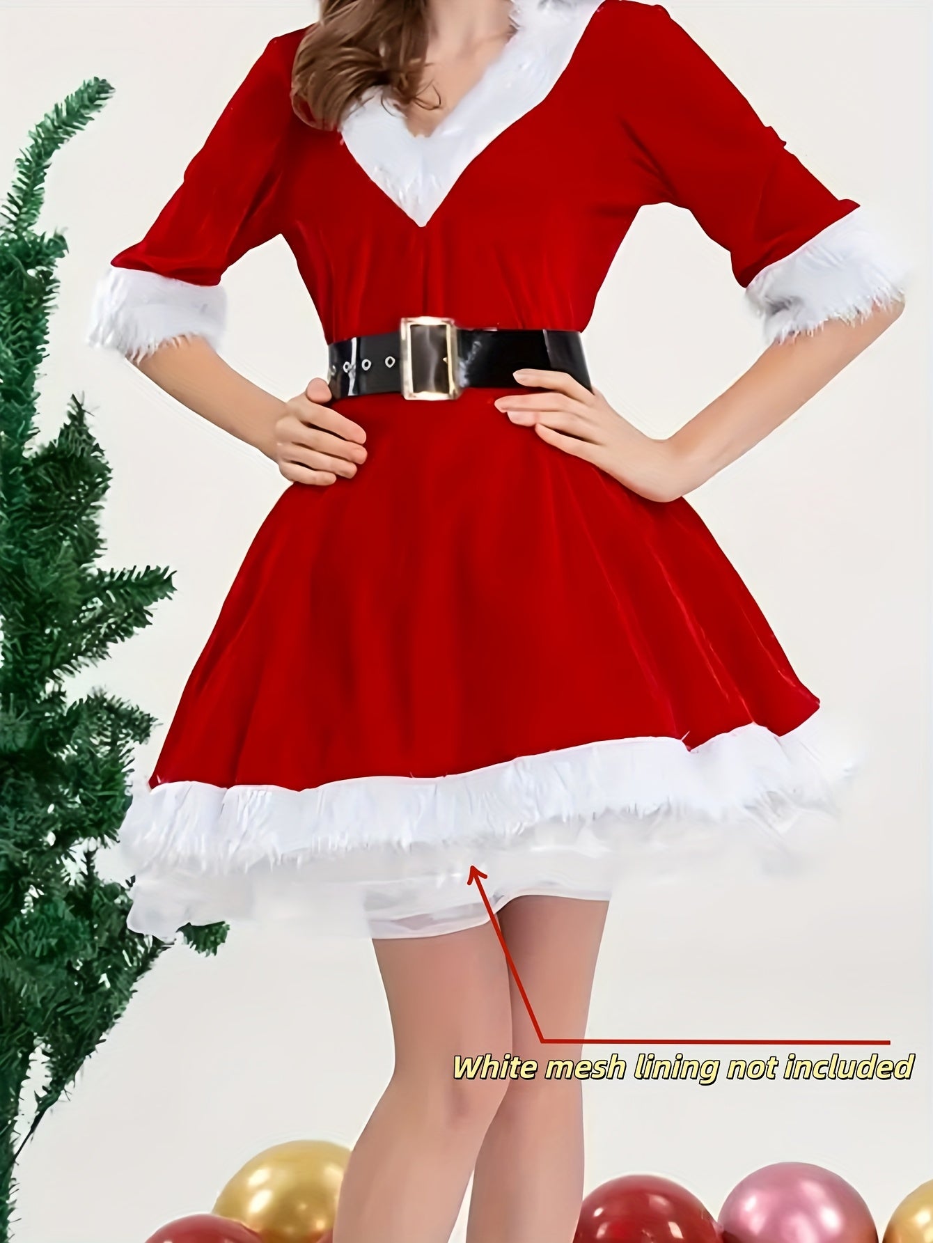 Sexy Slim-Fit Red Deep V Hooded Midi Dress for Christmas | Puffy Princess Mini Skirt, Waist-Cinching Party Outfit, Christmas Costume, Holiday Party Dress, Performance Attire, Hooded Short Dress with Black Belt Contrast, White