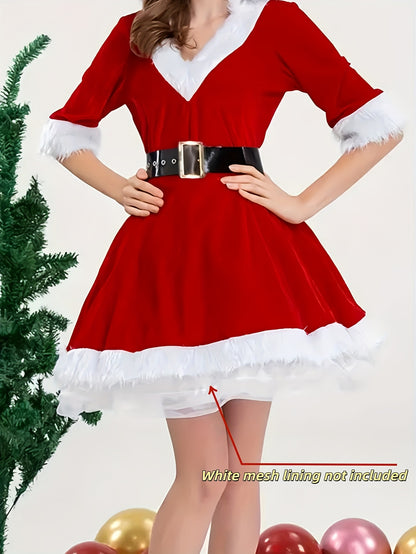 Sexy Slim-Fit Red Deep V Hooded Midi Dress for Christmas | Puffy Princess Mini Skirt, Waist-Cinching Party Outfit, Christmas Costume, Holiday Party Dress, Performance Attire, Hooded Short Dress with Black Belt Contrast, White