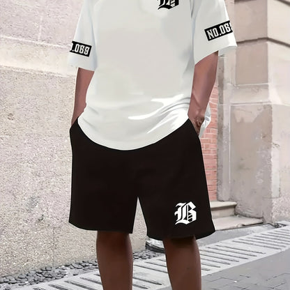 Men's Casual T-Shirt and Shorts Set with Bold "B" Print - Polyester Knit Fabric, Machine Washable, Summer Streetwear, Perfect for Outdoor Activities and Comfortable Leisure Wear