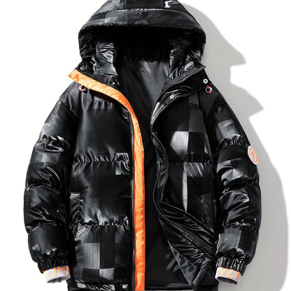 Men's Checkered Graphic Print Padded Outwear With Pockets, Casual Zip Up Long Sleeve Warm Hooded Outwear For Winter Outdoor Activities