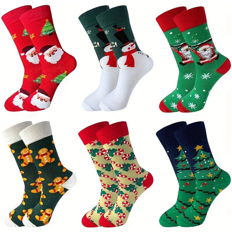 6 Pairs of Autumn-Winter Christmas Socks with Cute Cartoon Snowman and Reindeer Design for Men & Women, Mid-Calf Length, Cozy Comfort, Winter Essentials, Playful Pattern, Fun Holiday Style, Warm Material, Durable Socks, Unise
