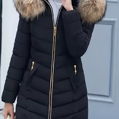 Women'S Elegant Red Mid-Length Winter Coat with Plush Fur Hood, Zip-Up Design, and Contrast Trim - Stylish All-Season Outerwear, Winter Coats And Vests