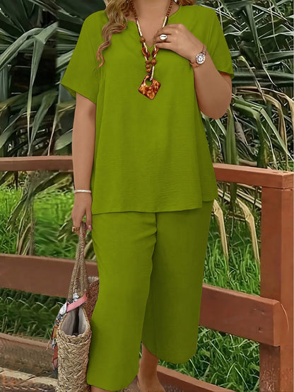 Women's Plus Size Suit, Elegant Solid Color Short Sleeve Top and Wide Leg Pants