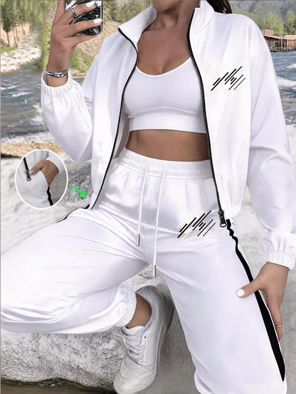 2pcs Geometric Print Polyester Jacket and Pants Set for All Seasons - ayq
