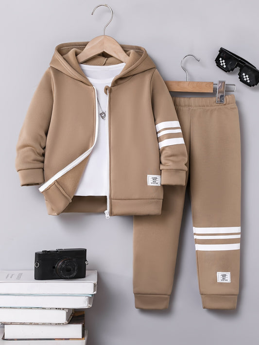 2-Piece Boys' New Fashion Zip-Up Shirt and Pants Set, Solid Color Minimalist Style with White Stripe Print and Label, Autumn/Winter New Sporty Style Children's Clothing, Suitable for Outdoor Activities and Daily Wear, Polyest