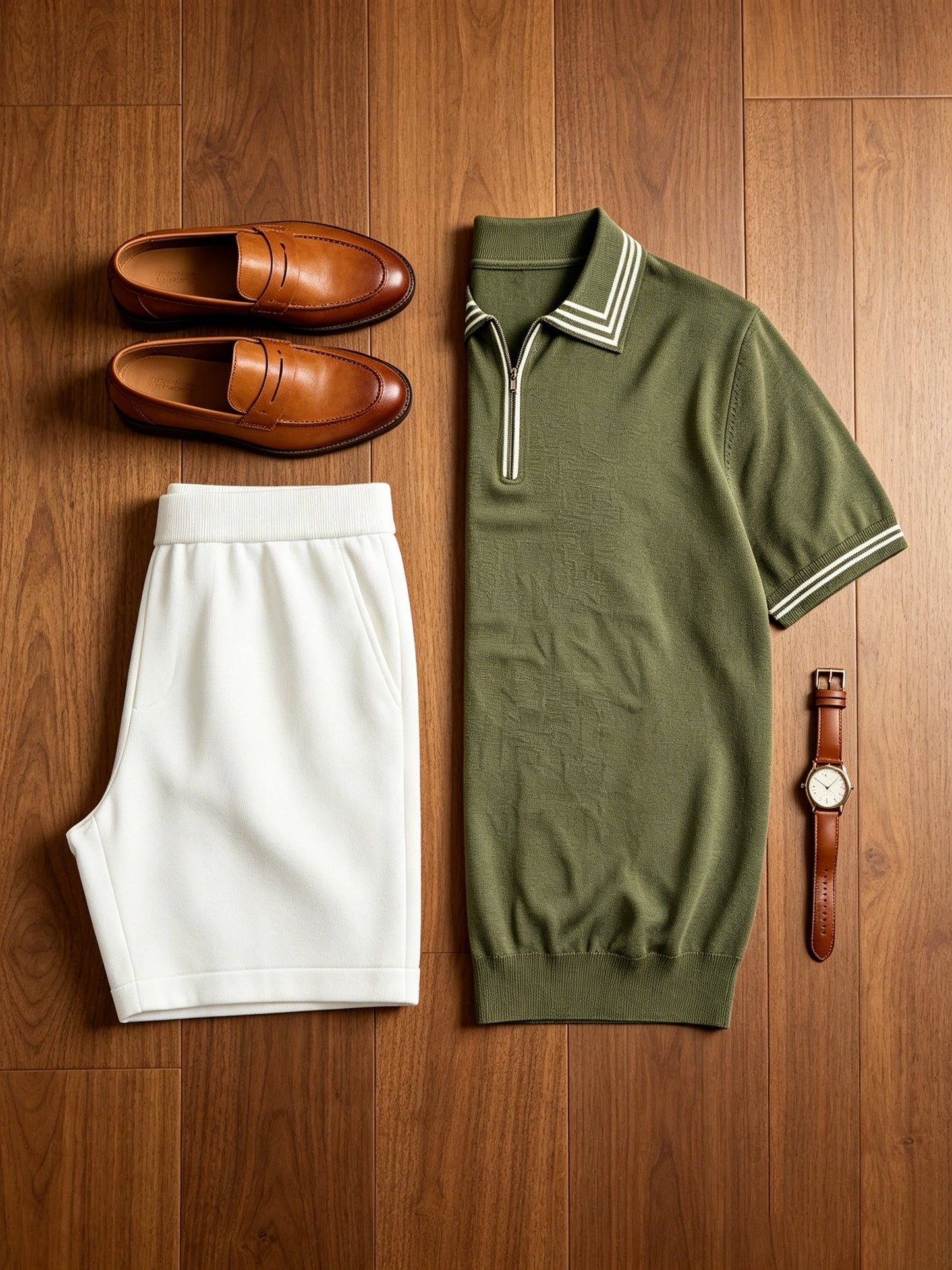 Men's Casual Striped Knit Polo & Lightweight Shorts Set