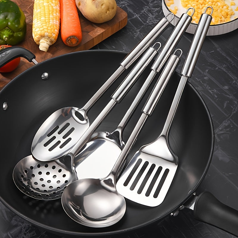 Stainless Steel Cookware Set - Kitchen Utensil Set, Durable Cooking Tools and Gadgets Set, with Spatula, Soup Ladle, Strainer Spoon, Turner, Rice Spoon, for Food Contact, No Electricity Required
