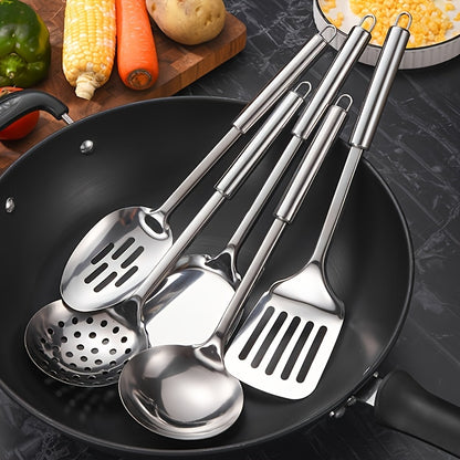 Stainless Steel Cookware Set - Kitchen Utensil Set, Durable Cooking Tools and Gadgets Set, with Spatula, Soup Ladle, Strainer Spoon, Turner, Rice Spoon, for Food Contact, No Electricity Required