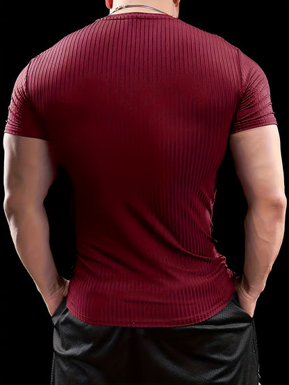 Men's Slim Fit Ribbed Short Sleeve T-Shirt - Stretchy Athletic  Casual Wear, Green, Round Neck, Machine Washable, Muscle-Enhancing Design, Gym Shirts