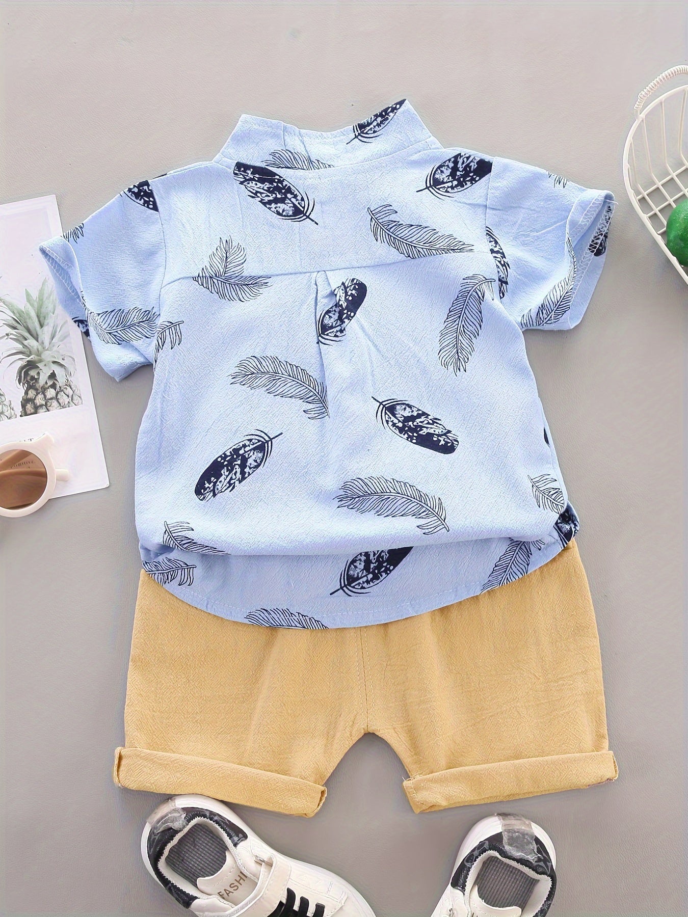 Baby Boys Cotton Feather Print Short Sleeve Shirt & Shorts Set
