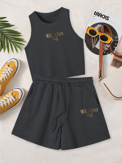Casual Women's Two-Piece Suit with Graphic Print Vest & Shorts