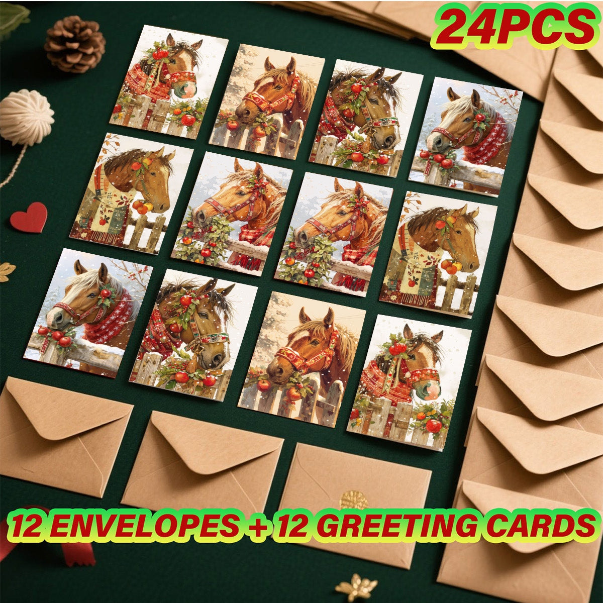 1set/12pcs/24pcs Christmas Horse Pattern Greeting Cards with Envelopes, Folded 9*13cm, 3.54*5.11in; Unfold 18*13cm 7.08*5.11in, 9 Sheets per Set, Christmas Cards With Envelopes, Funny Christmas Cards, Cards For All Occasions
