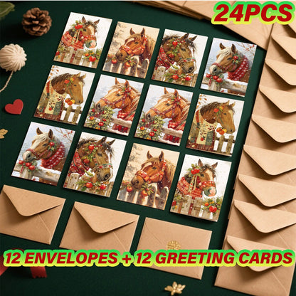 1set/12pcs/24pcs Christmas Horse Pattern Greeting Cards with Envelopes, Folded 9*13cm, 3.54*5.11in; Unfold 18*13cm 7.08*5.11in, 9 Sheets per Set, Christmas Cards With Envelopes, Funny Christmas Cards, Cards For All Occasions