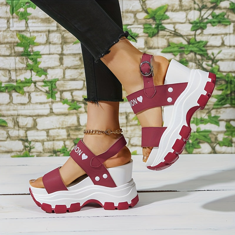 Women's Platform Wedge Sandals with Thick Sole  Ankle Strap Metal Buckle - Open Toe Summer Casual Shoes, White  Black Faux Cover, Cushioned Insole for All-Day Comfort