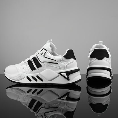 Men's Low-Top Skate Sneakers - White/Black Accent Lace-Up Shoes, Cushioned EVA Insole  Non-Slip Rubber Outsole for All-Season Urban Streetwear, Gym, Everyday - Breathable PU Upper Casual Shoes, Gym Footwear, Street Style, Du