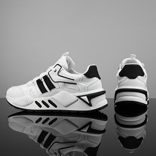 Men's Low-Top Skate Sneakers - White/Black Accent Lace-Up Shoes, Cushioned EVA Insole  Non-Slip Rubber Outsole for All-Season Urban Streetwear, Gym, Everyday - Breathable PU Upper Casual Shoes, Gym Footwear, Street Style, Du