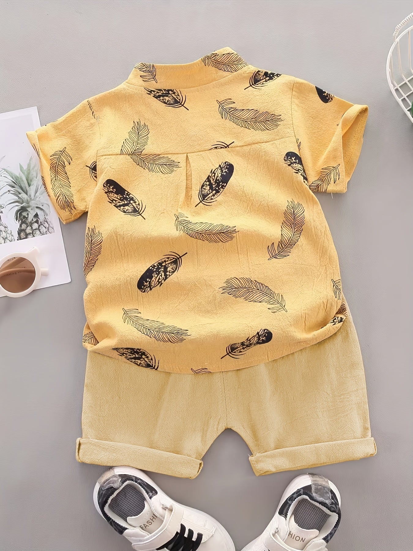 Baby Boys Cotton Feather Print Short Sleeve Shirt & Shorts Set