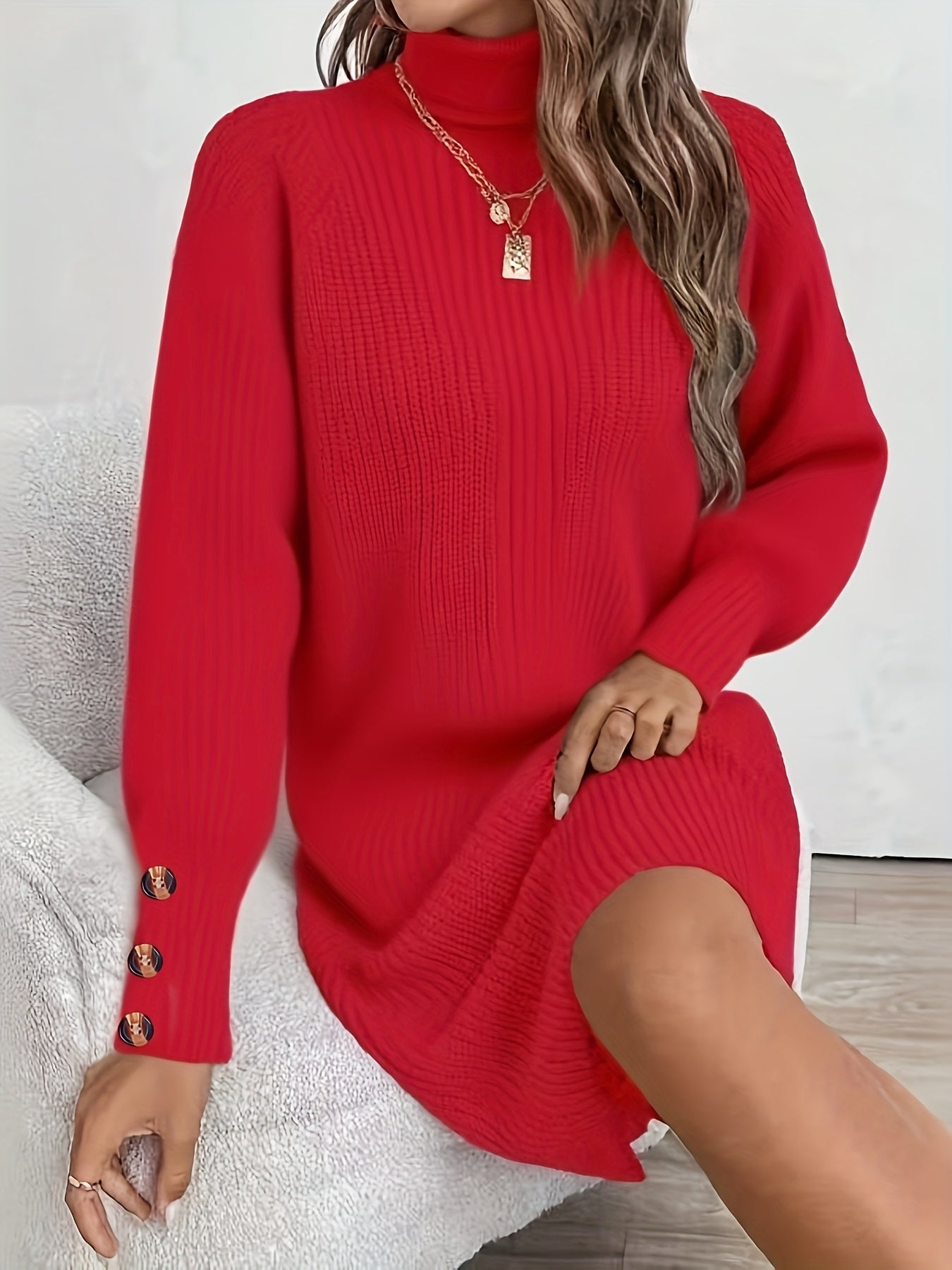 Women's Dark Green (Navy/Turquoise-Free) Sweater Dress - High Neck Collar & Single-Breasted Button Front, A-Line Silhouette Long Sleeve Coat Dress for Winter,, Office, Semi-Formal Wear (Hand Washable)