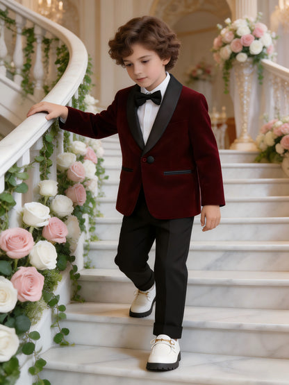Boys Velvet Suit Set with Jacket, Trousers & Bow Tie - Formal Wear
