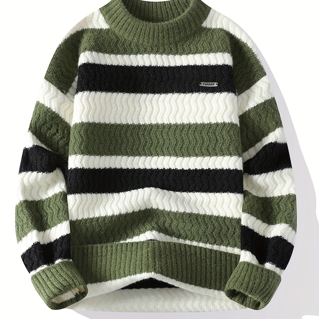 Men'S Thick Warm Sweater - Long Sleeve Round Neck Pullover with Vertical Stripes in Green/ - Cozy Fall/Winter Sweater for Everyday & Formal Outfits, Knit, Winter Clothing, Classic Knitwear, Ribbed Texture, Casual Wear, Stylis