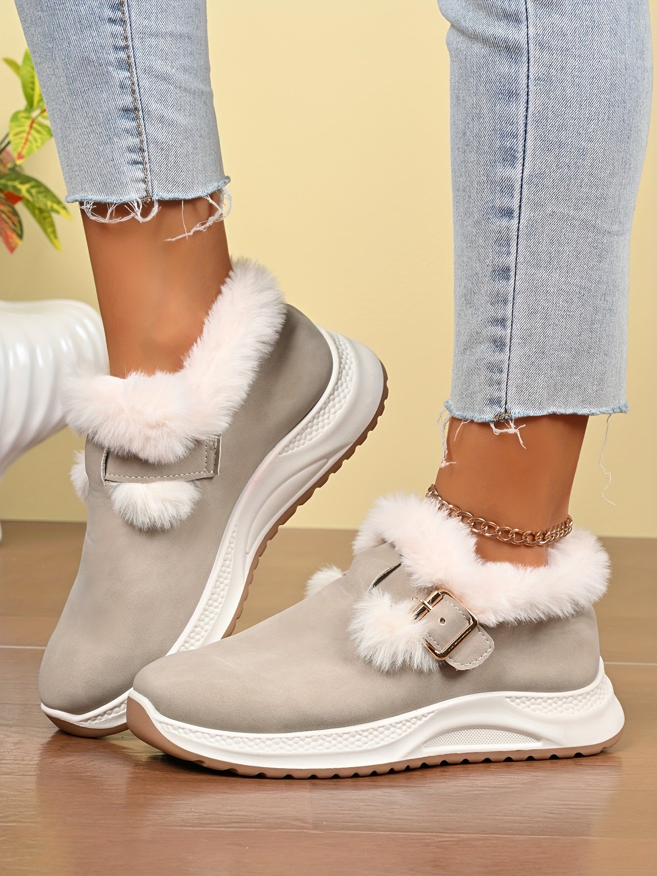 Women's Plush Winter Snow Boots with Faux Collar & - Slip-On/Lockable Ankle Strap, Cushioned PVC Sole - Grey/Lavender Synthetic - Warm Cozy Shoes for Ice, Snow, Indoor/Outdoor (Wide Widths Available) - Ideal, Winter Boots For