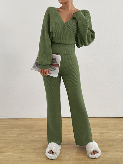 Women's Autumn Winter Sweater V-Neck Sleeveless Pullover with Wide-Leg Pants Elegant Two-Piece Set