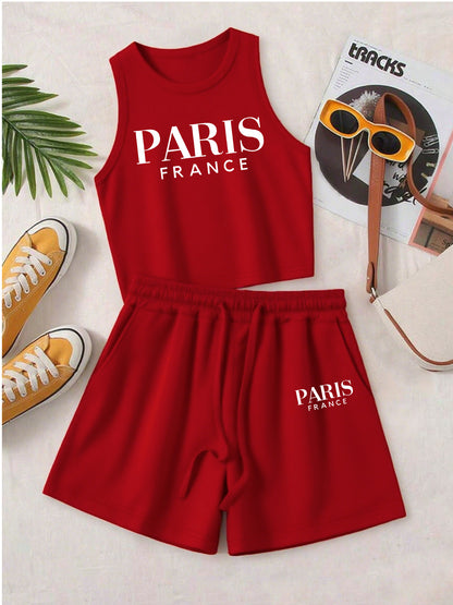 Casual Women's Two-Piece Vest and Shorts Set with Pattern Print