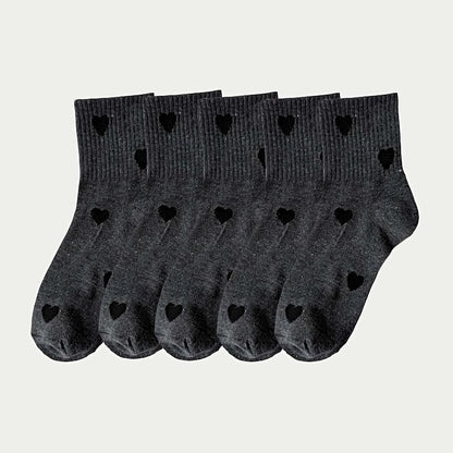 Women's 5 Pairs Mid-Calf Heart Pattern Socks, Soft Polyester