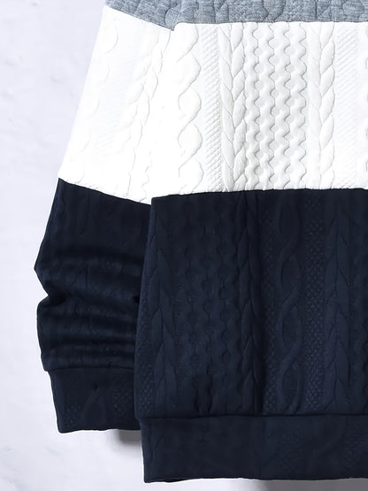 Youth 's Fashion Thickened Jacquard Fabric Grey White Navy Contrast Stitched Hoodie Sweatshirt + Comfortable Drawstring Casual Pants Two-Piece Set, Perfect for Outdoor Activities, Perfect for Outdoor