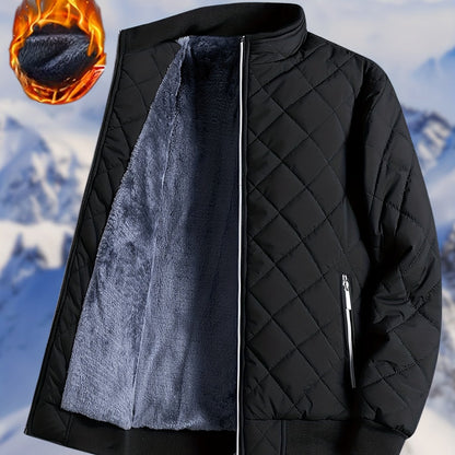 Men'S Diamond Pattern Fleece-Lined Jacket | Casual Stand Collar Warm Coat with Zipper Closure for Autumn and Winter