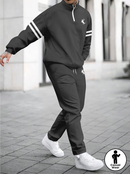 Men's 3D Printed Long Sleeve Sweatshirt and Pants with Zipper, Letter Print Loose Fit Casual Sportswear 2pcs Set for Spring and Autumn