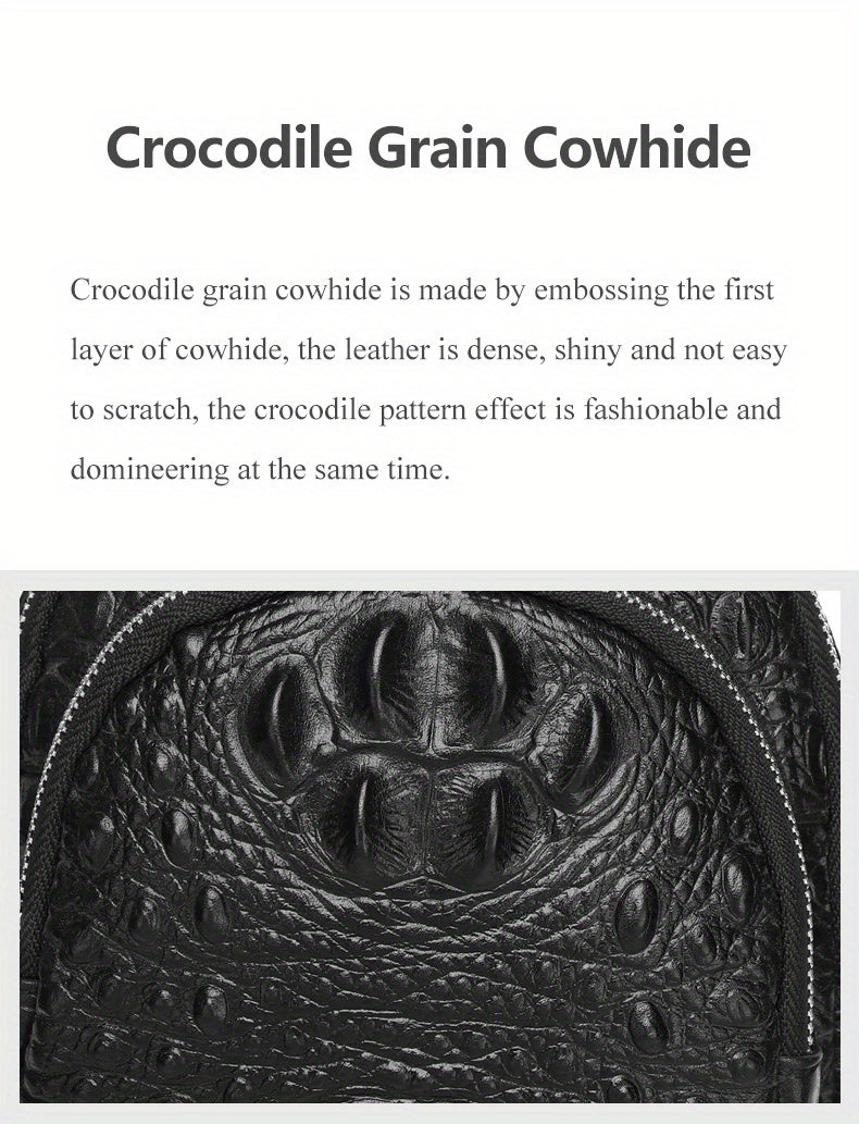 SCHLATUM Genuine Leather Crocodile Pattern Sling Bag - Black, Large-Capacity Multifunctional Crossbody Backpack for Travel, Sports  Camping, Stylish Zipper Closure Design