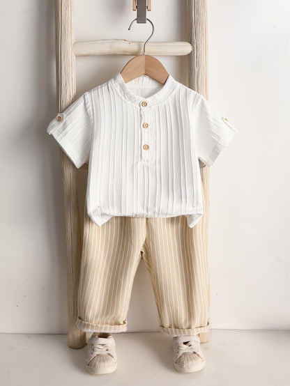 Boys' Casual Short-Sleeve Top & Pants Set with Stand Collar