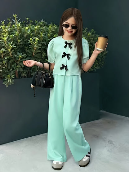 Girls' Casual Puff Sleeve Top & Pants Set for Spring Summer
